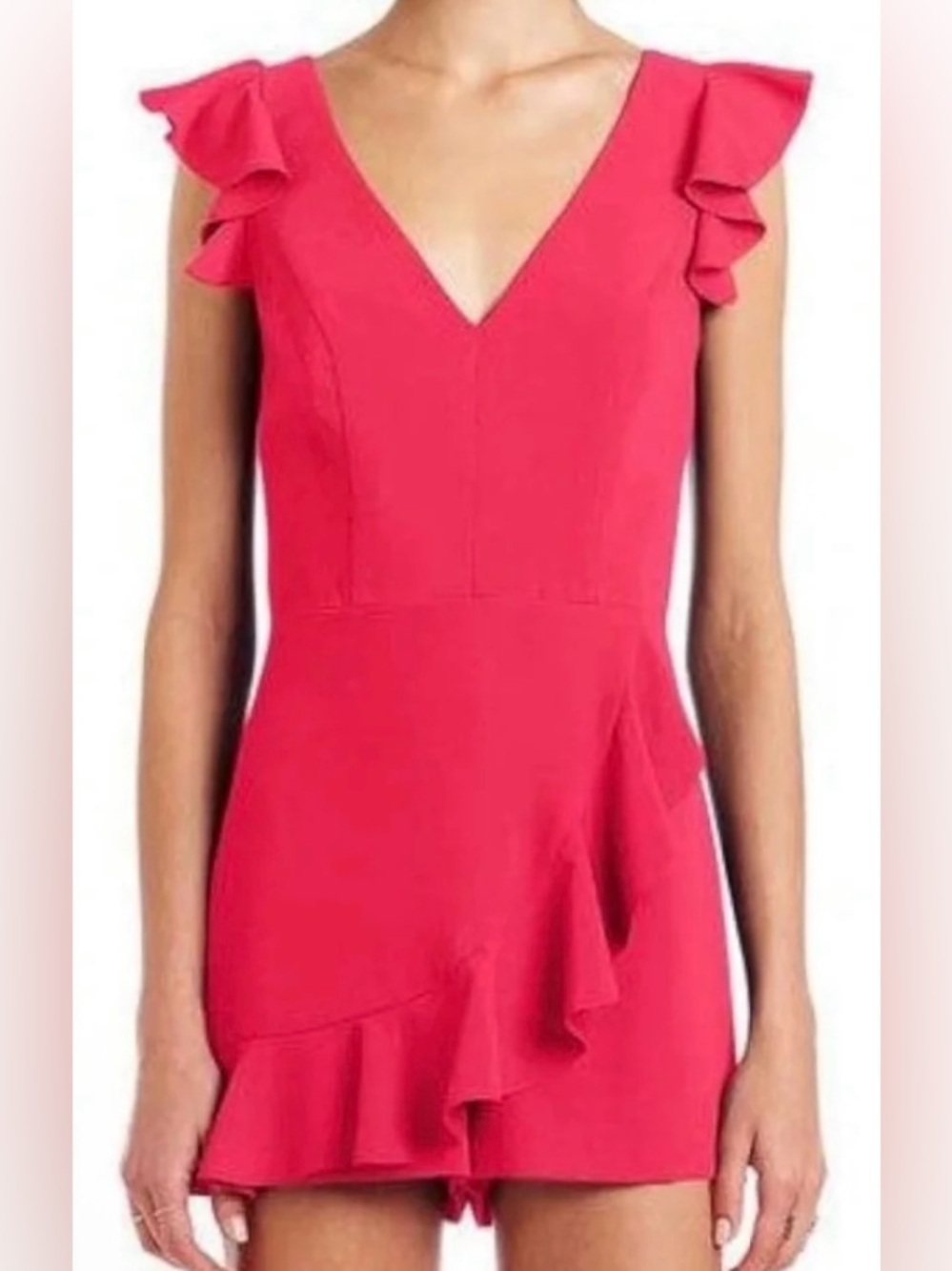 Amanda Uprichard Hot Pink Ruffle V-Neck Romper - Size S
